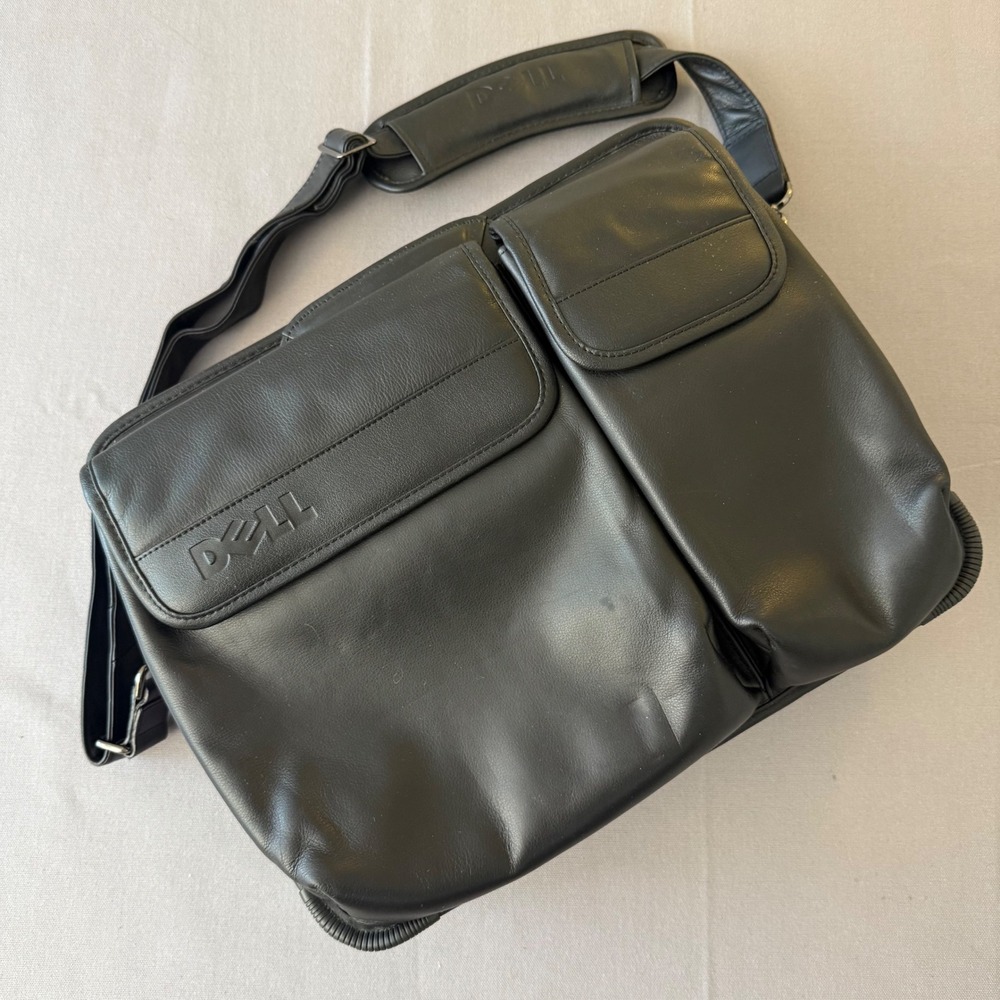 Dell Black Leather Laptop Messenger‎ Bag Briefcase Retractable handles